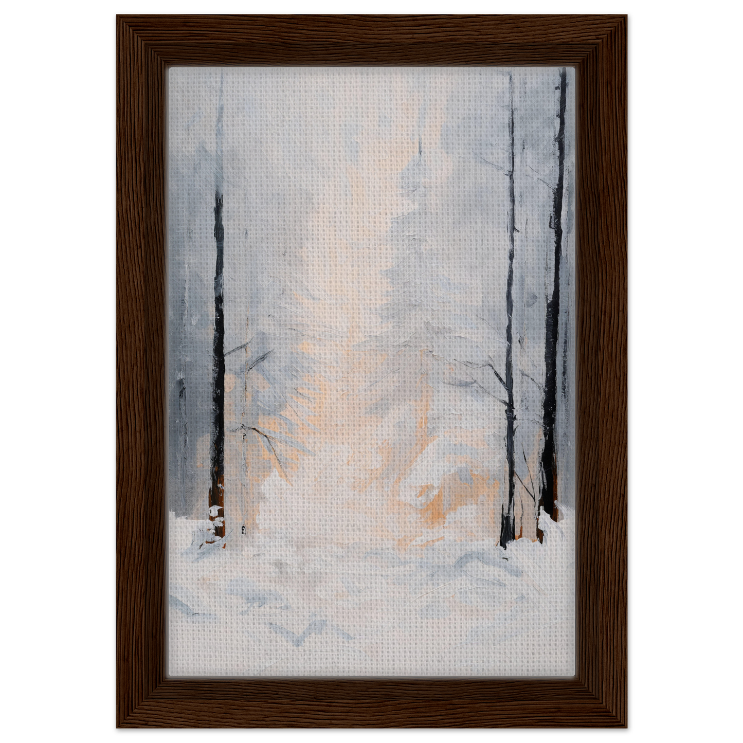 Framed canvas print of a snowy winter forest scene titled Wintry Whispered Time