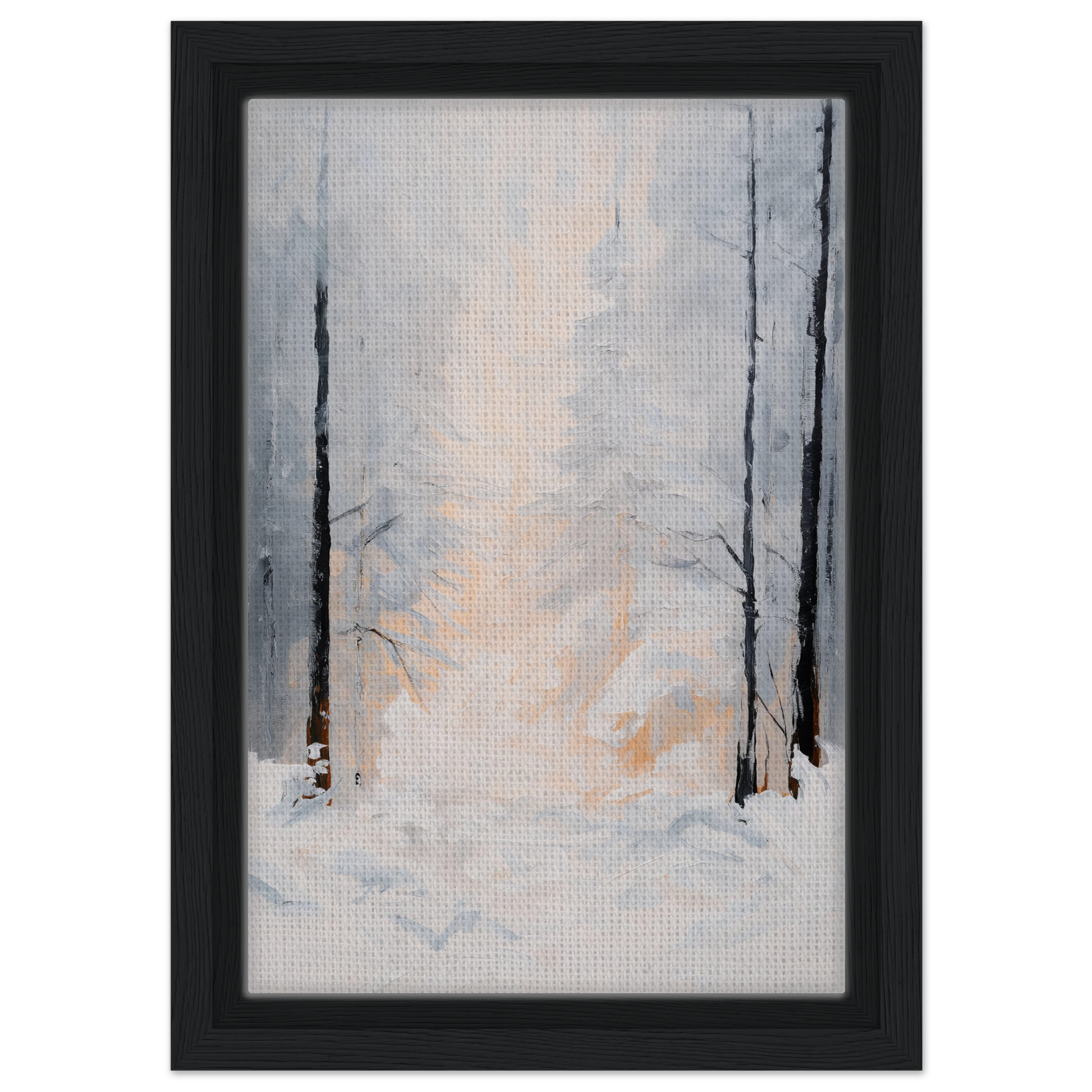 Framed abstract painting of a snowy forest scene for Wintry Whispered Time room decor