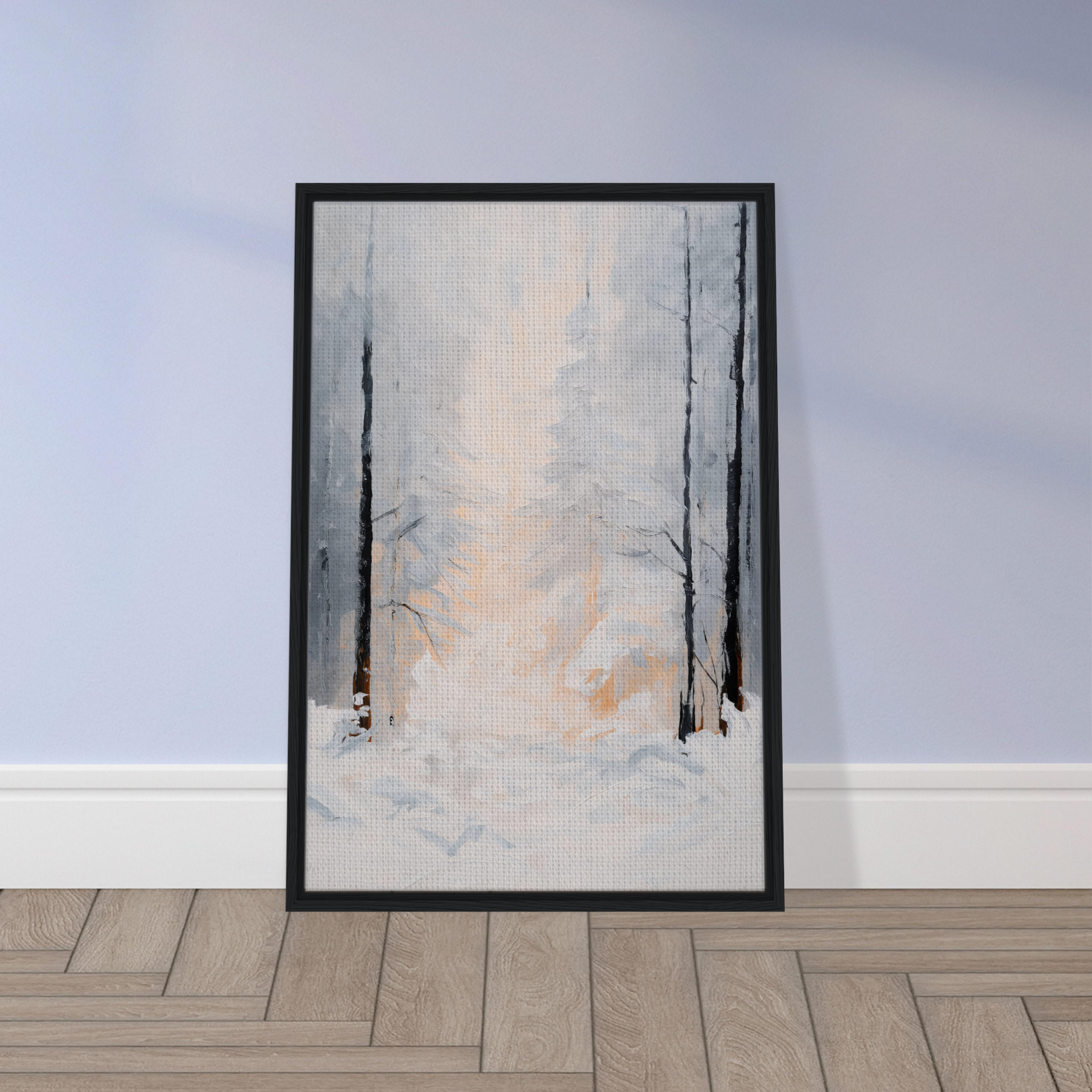 Framed canvas print of a snowy forest scene titled Wintry Whispered Time