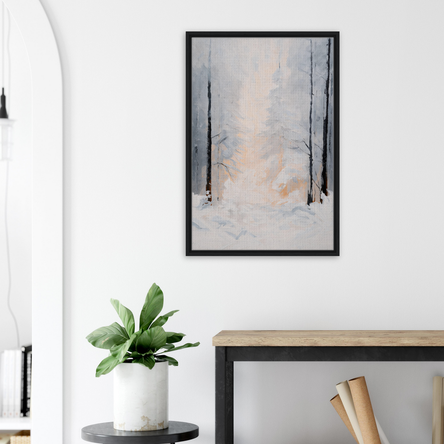 Framed painting of a misty winter forest for Wintry Whispered Time room decor