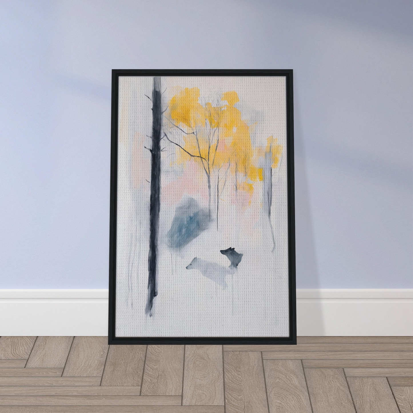 Framed watercolor painting of a misty forest with yellow trees, Wolf Mist Reverie room decor