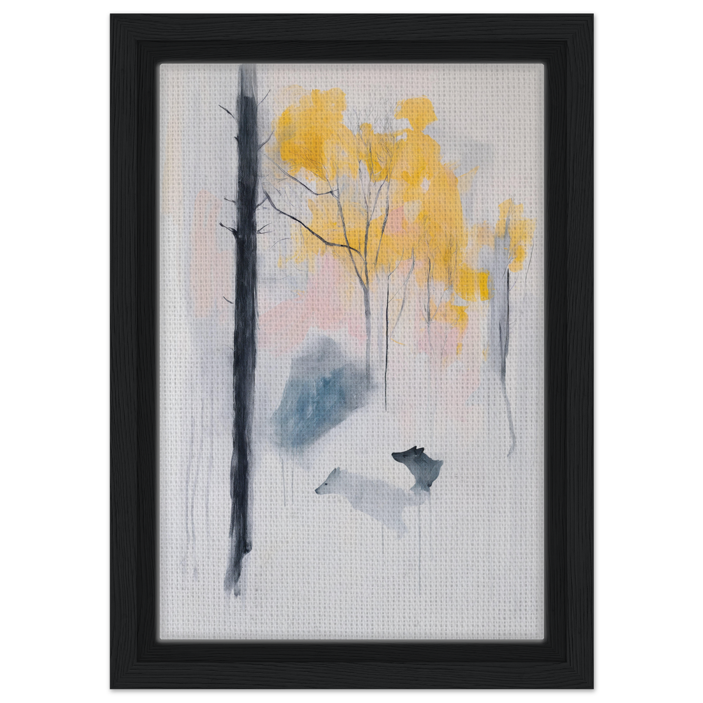 Framed watercolor painting of a misty forest with yellow trees, Wolf Mist Reverie room decor