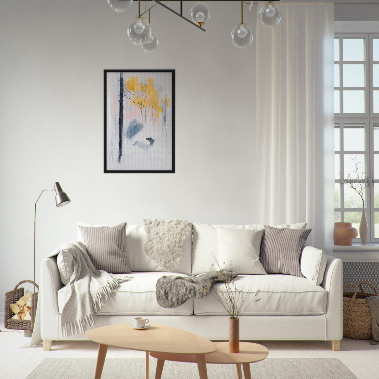 White sofa adorned with throw pillows and blankets from Wolf Mist Reverie collection