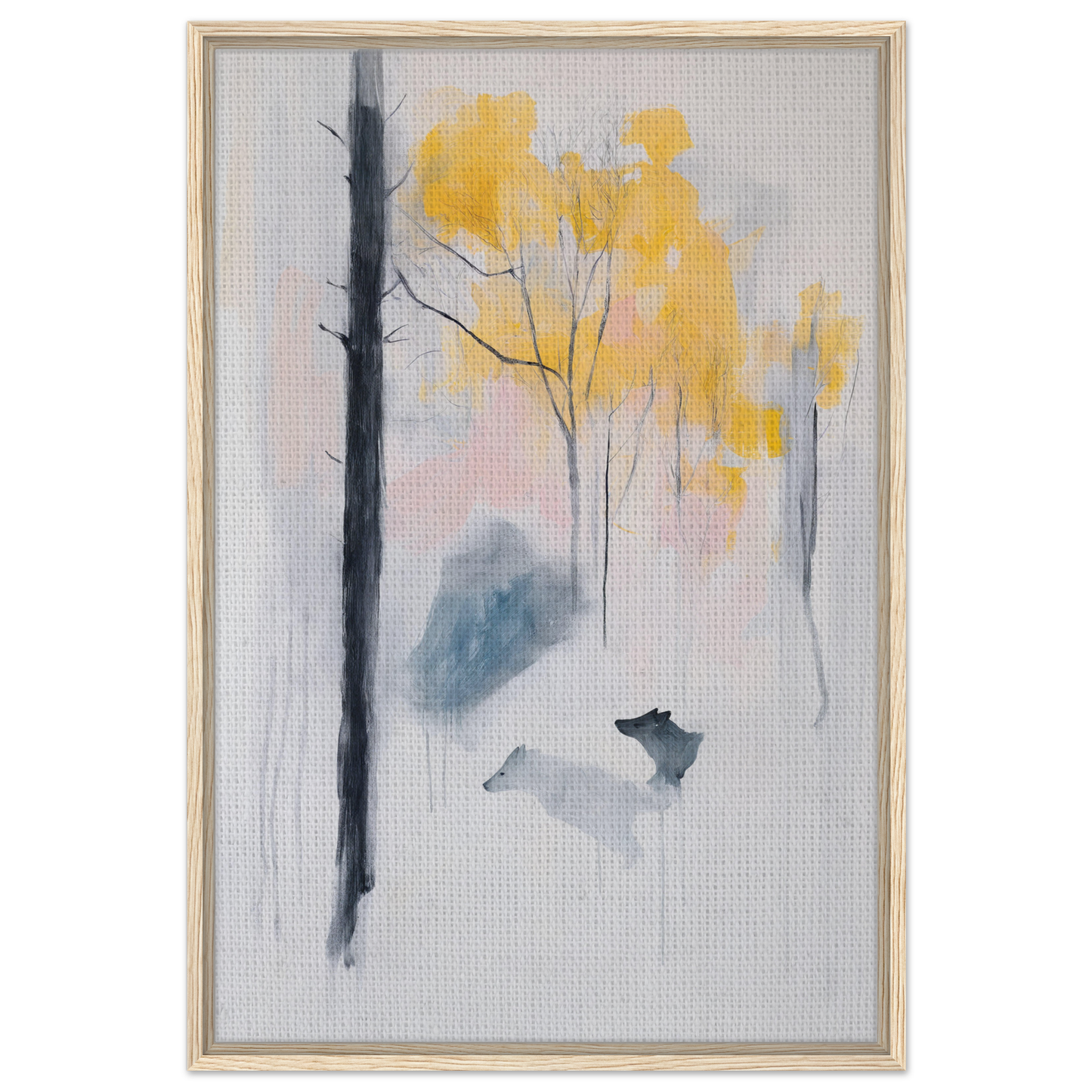 Framed painting of a misty forest with yellow trees for Wolf Mist Reverie room decor