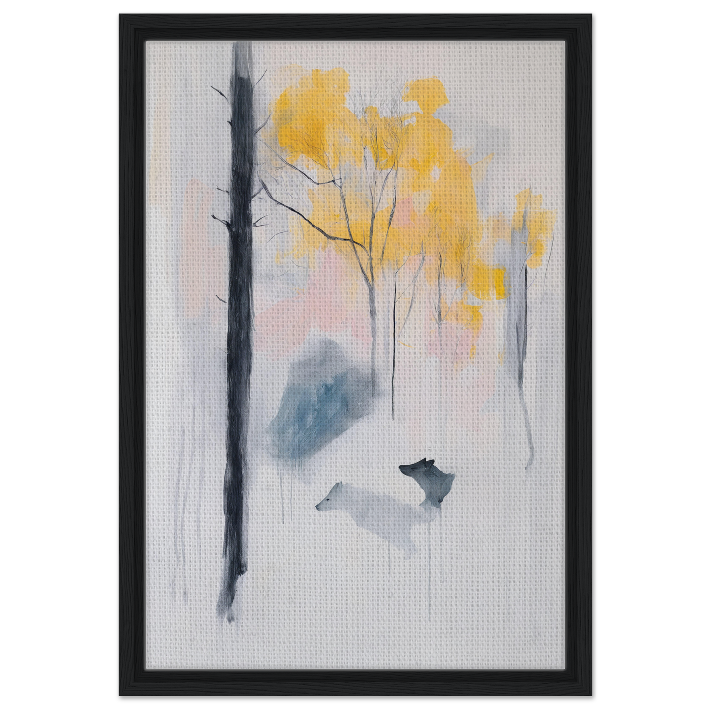 Framed watercolor painting of a misty forest with autumn trees and a wolf in Wolf Mist Reverie