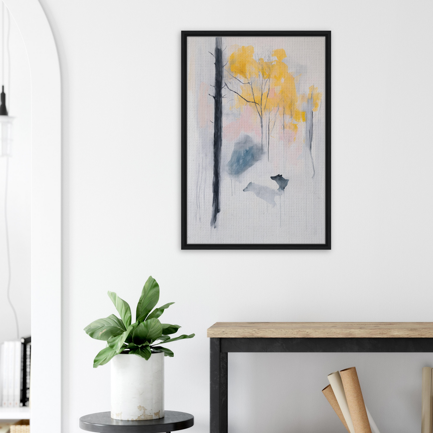 Abstract painting of soft yellow and gray brushstrokes creating Wolf Mist Reverie