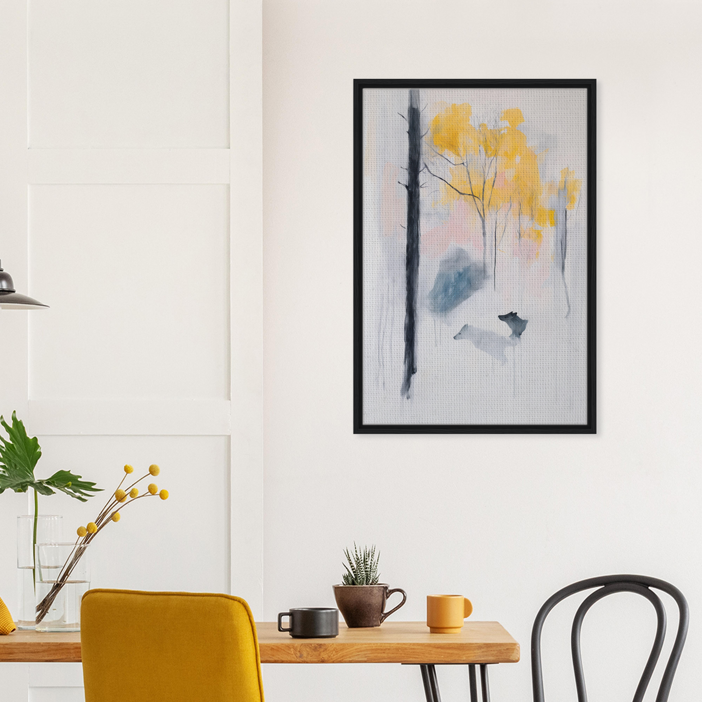 Abstract painting of yellow and gray brushstrokes in Wolf Mist Reverie framed canvas print