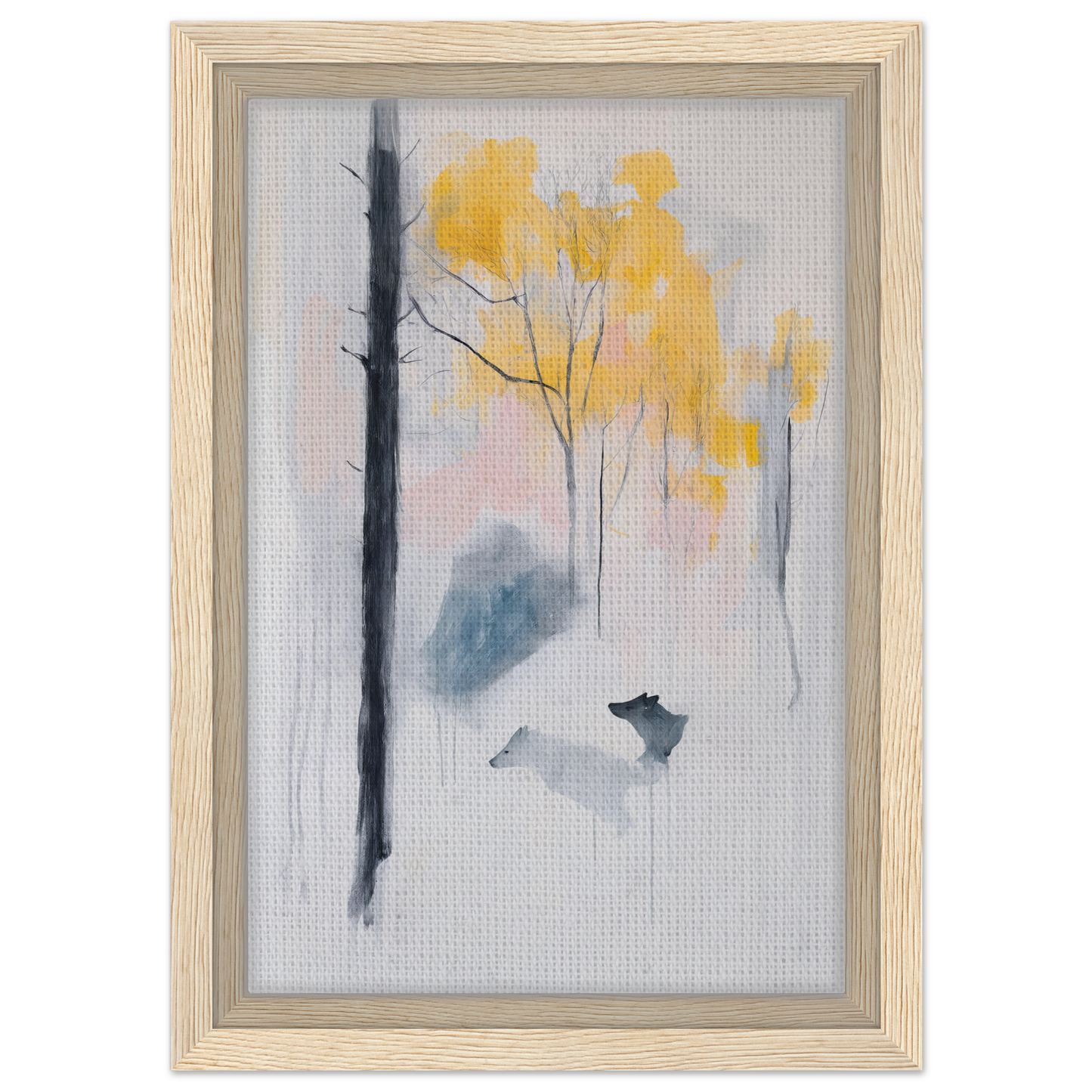 Framed watercolor painting of misty forest with yellow trees, Wolf Mist Reverie room decor