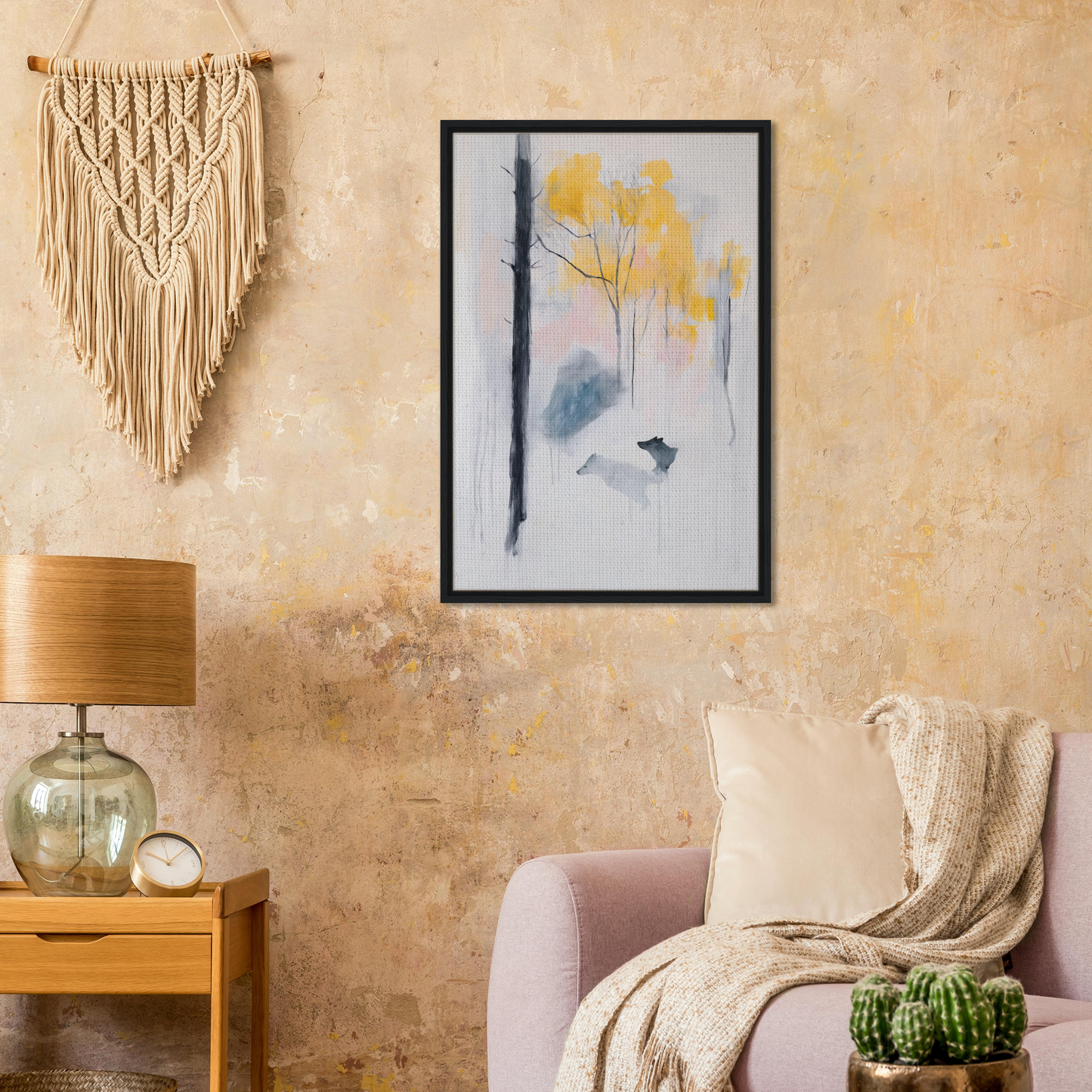 Framed watercolor painting of a tree with yellow leaves and a bird in Wolf Mist Reverie