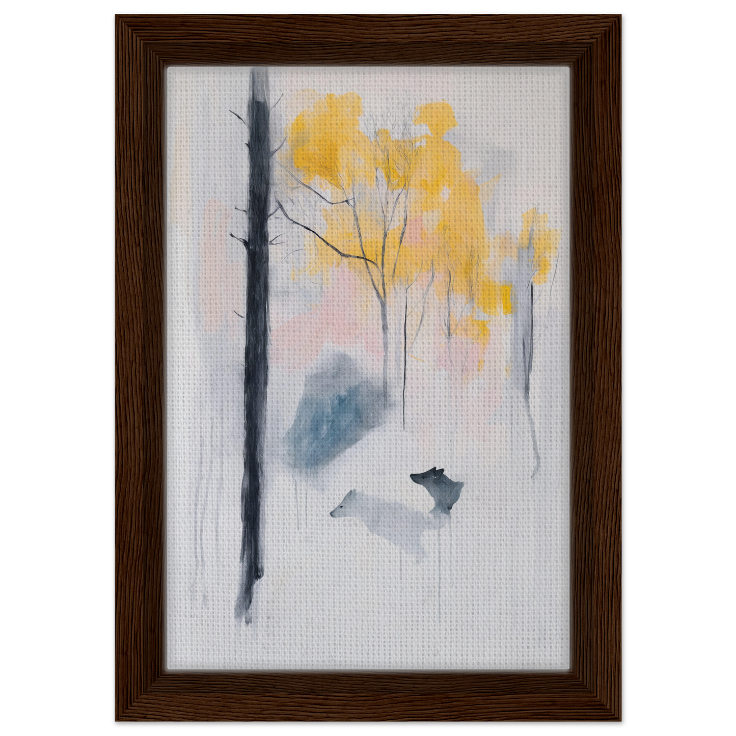 Framed painting of a minimalist forest scene featuring yellow trees and a wolf-like figure, Wolf Mist Reverie