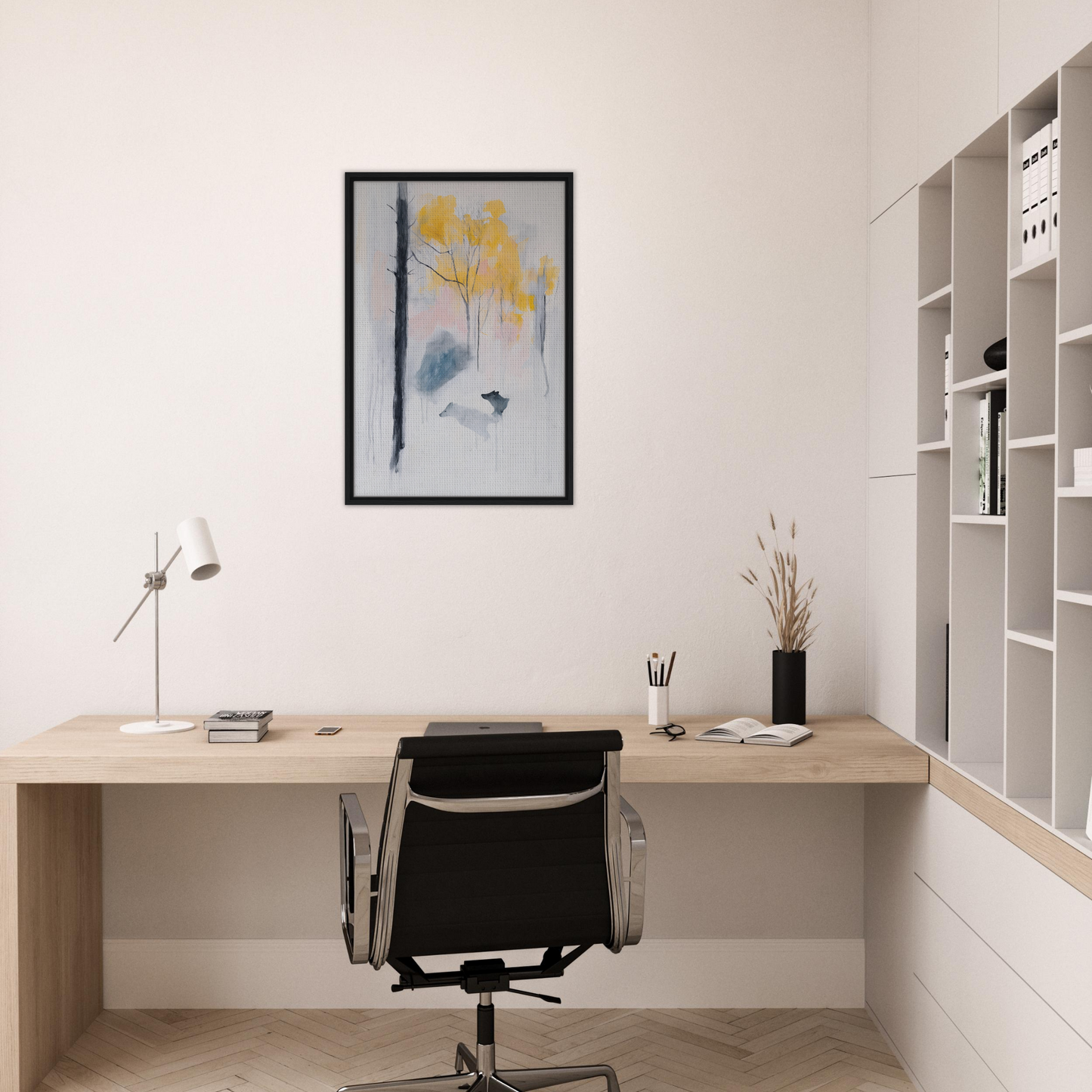 Minimalist home office featuring Wolf Mist Reverie framed canvas print and wooden desk