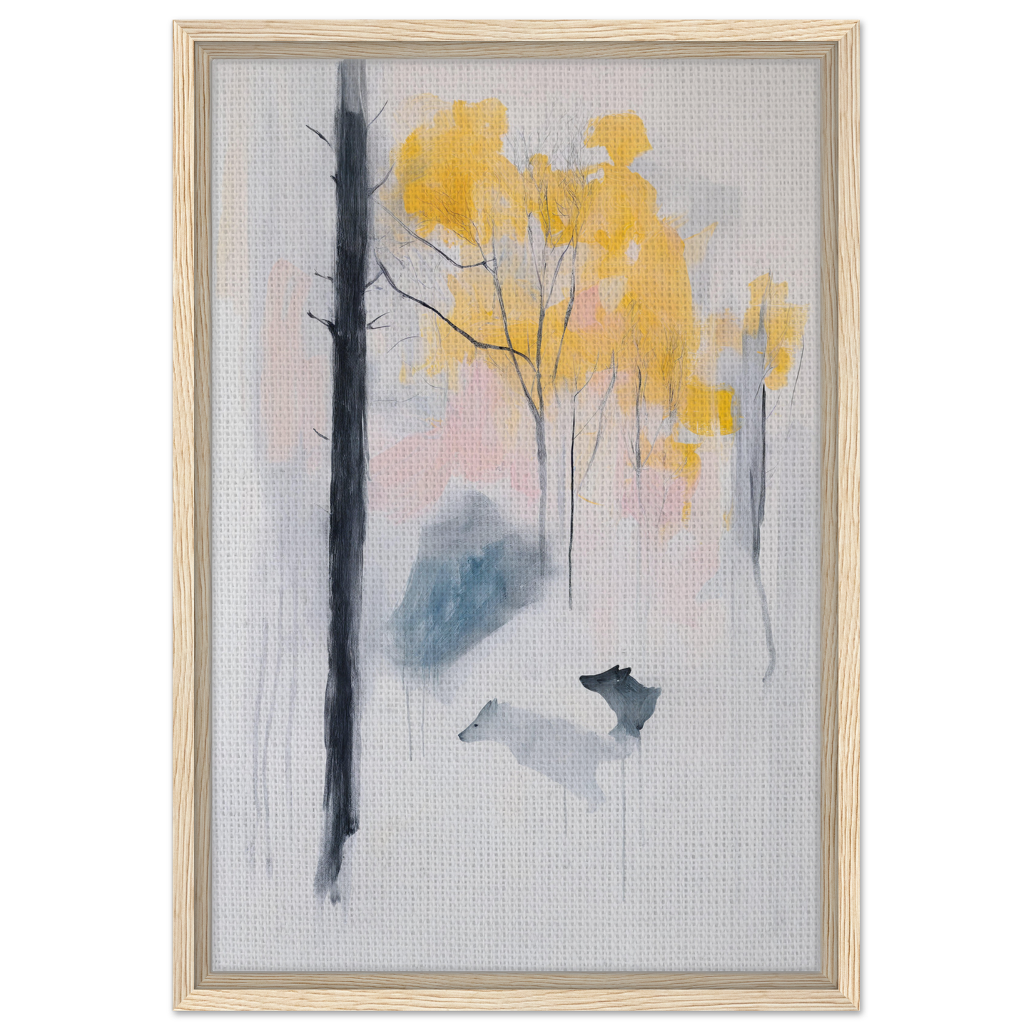 Framed watercolor painting of a misty forest with yellow trees for Wolf Mist Reverie