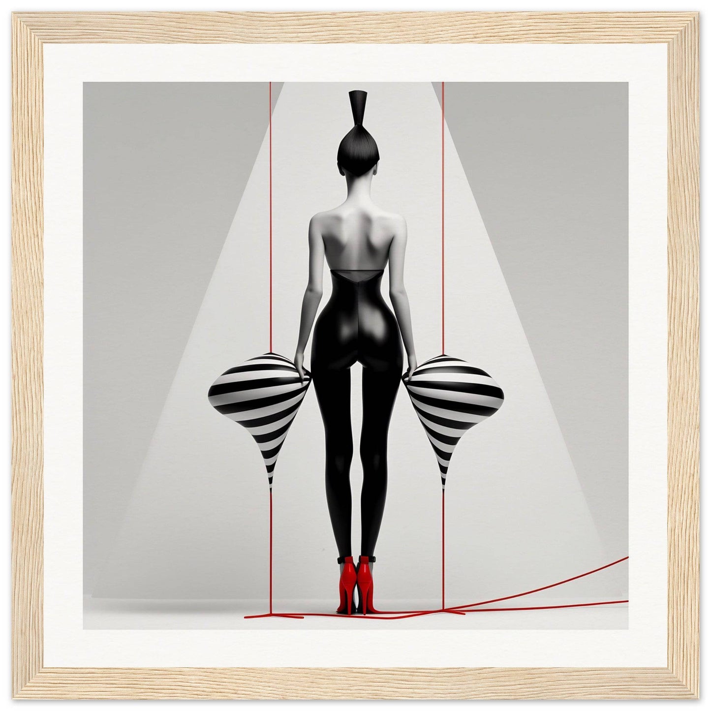 A woman in a black and white dress with red shoes