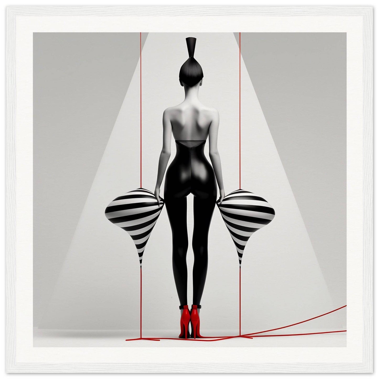 A woman in a black and white dress with red shoes