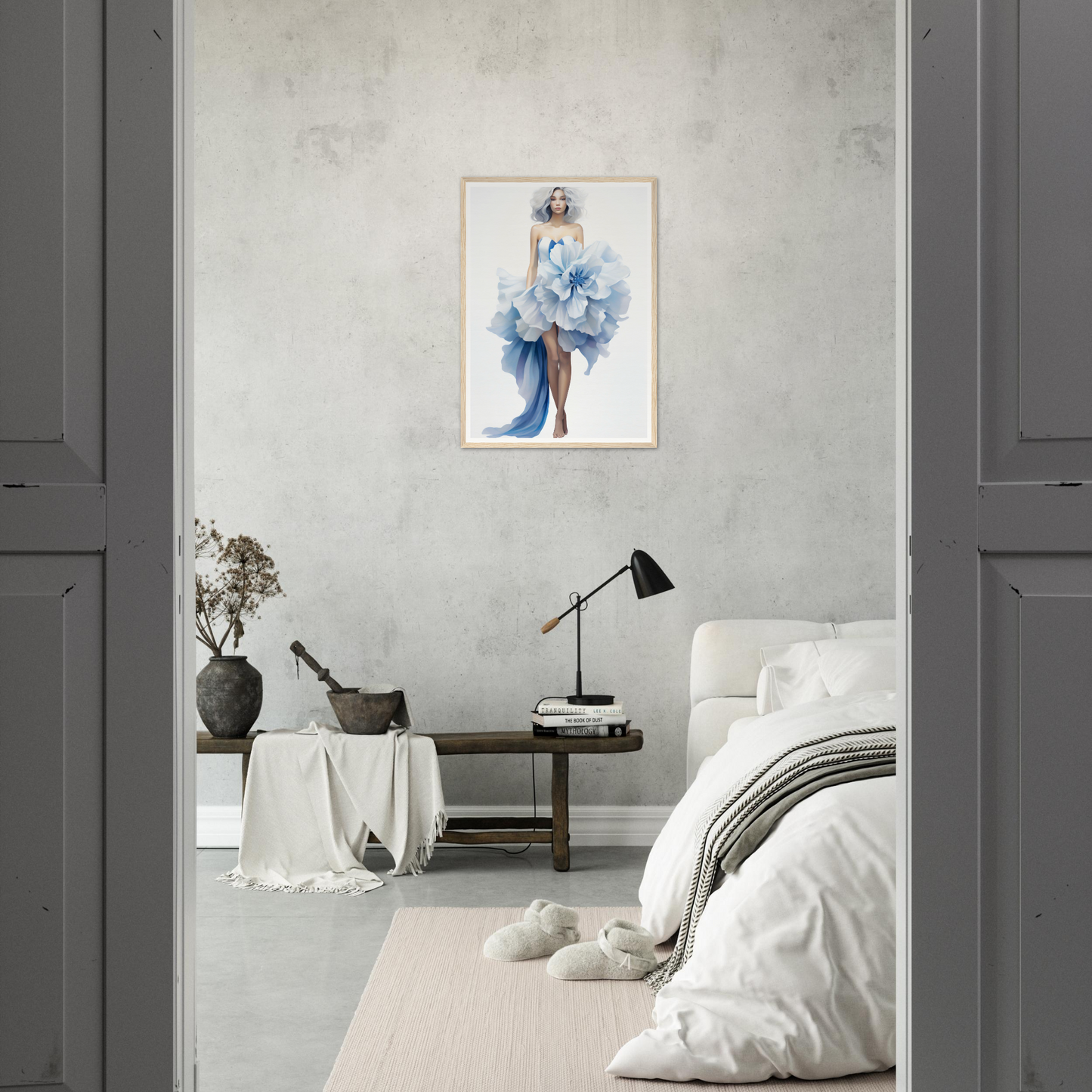 A woman in a blue dress is standing in the doorway of a room