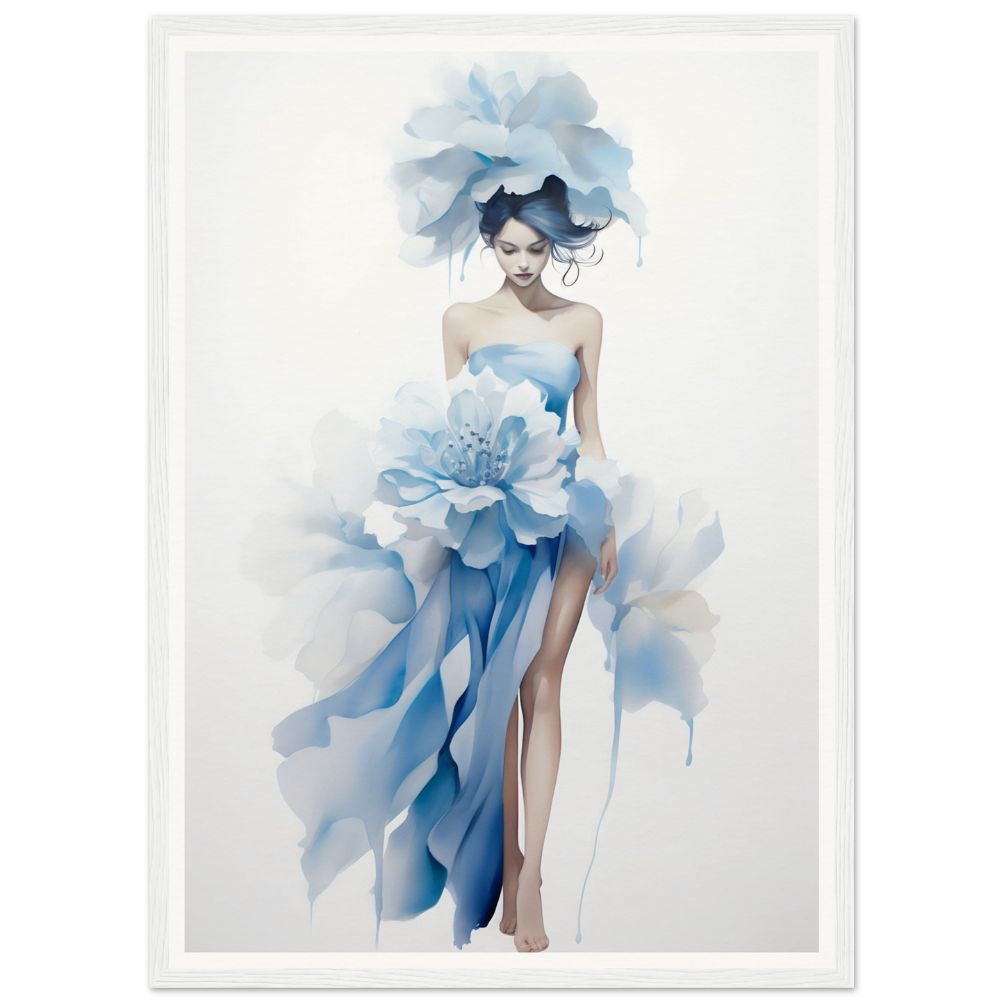 A woman in a blue dress with flowers on her head