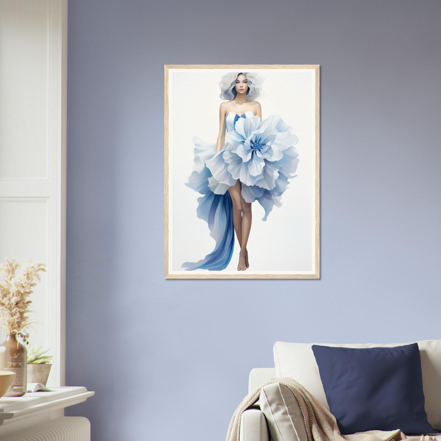 A woman in a blue dress with flowers on her head