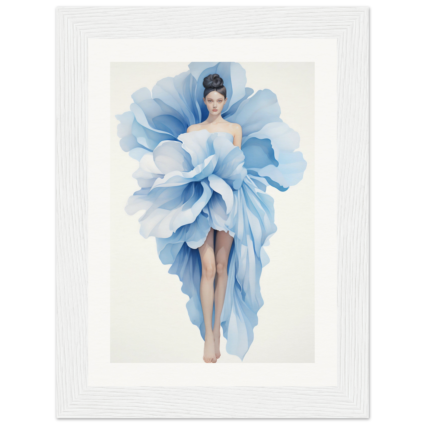 A woman in a blue dress with a large flower on her head