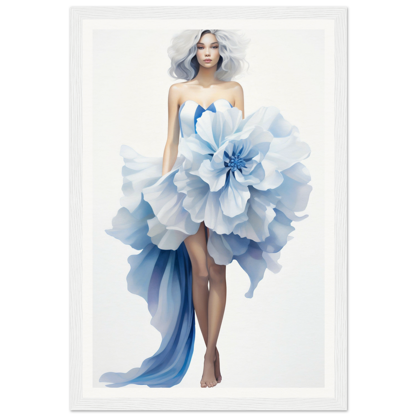 A woman in a blue dress with a large flower