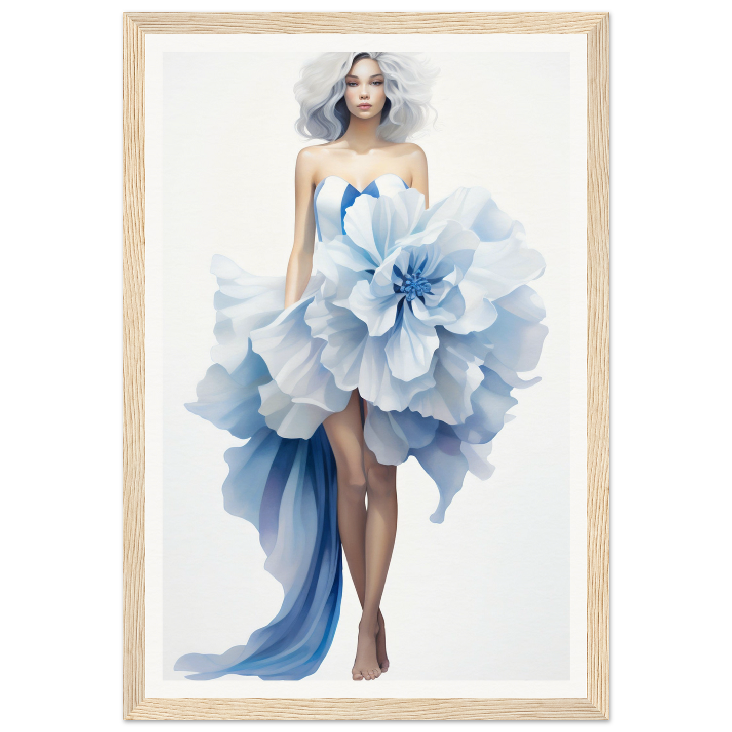 A woman in a blue dress with a large flower