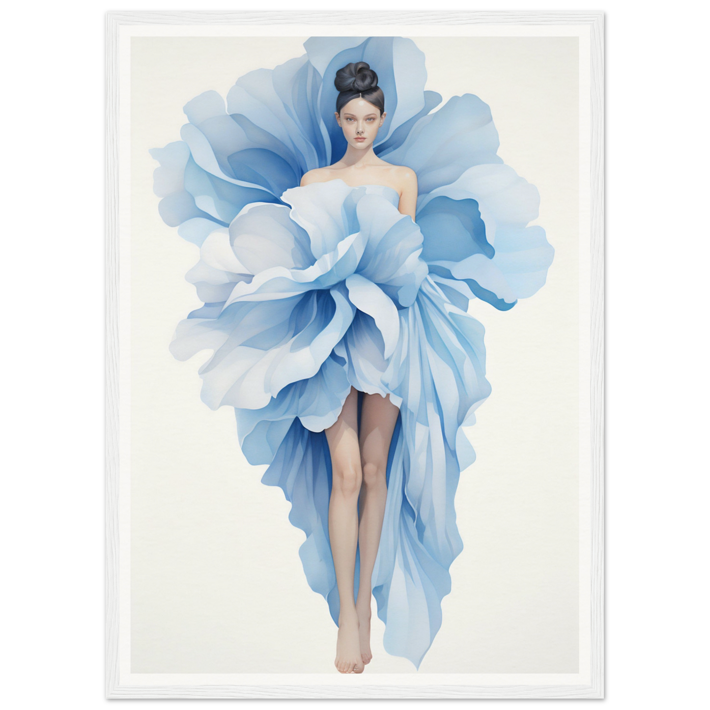 A woman in a blue dress with large flowers