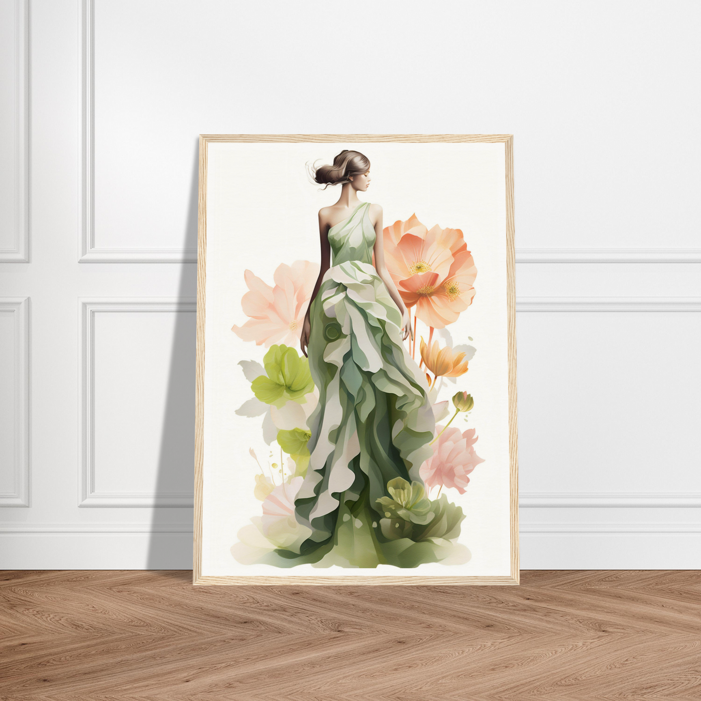 A woman in a dress with flowers on her head