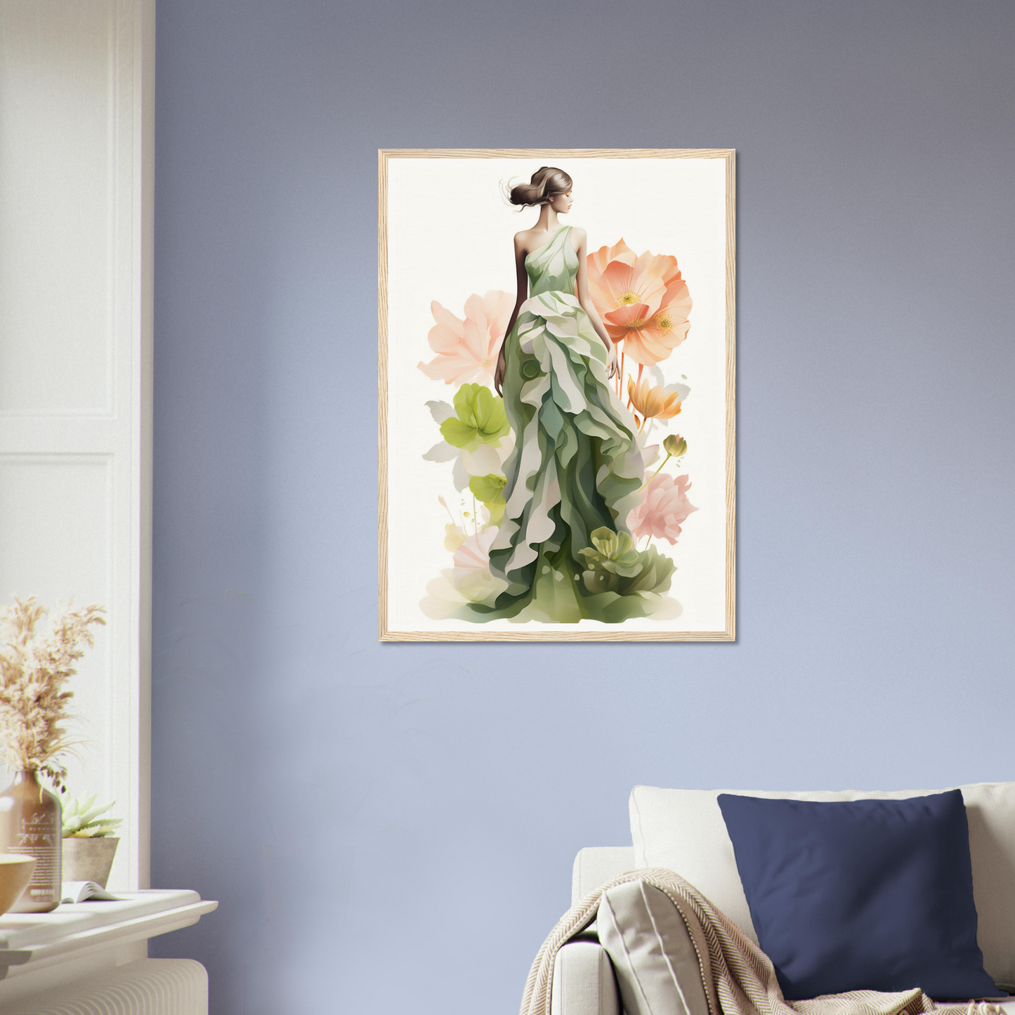 A woman in a dress with flowers on her head