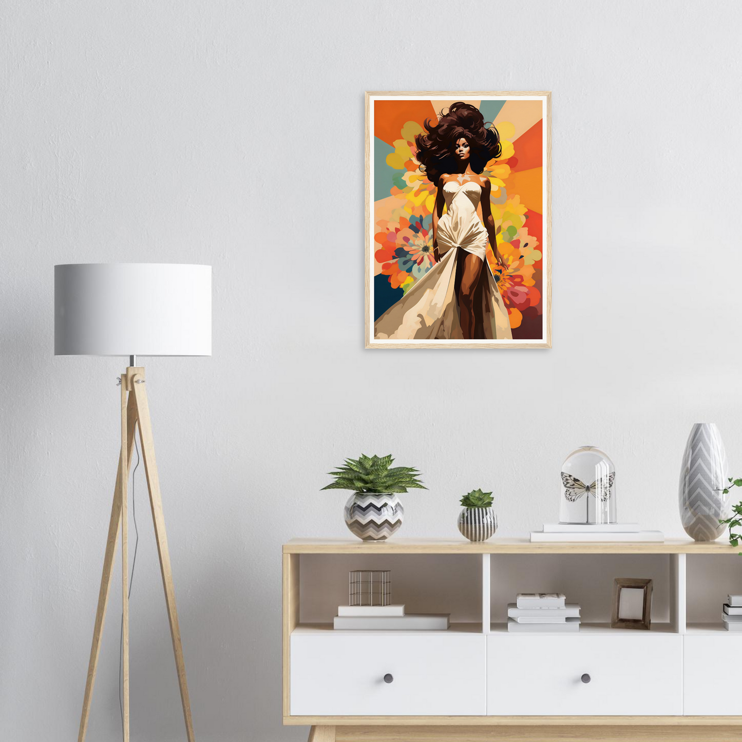 A woman with a flower in her hair and a yellow background art print