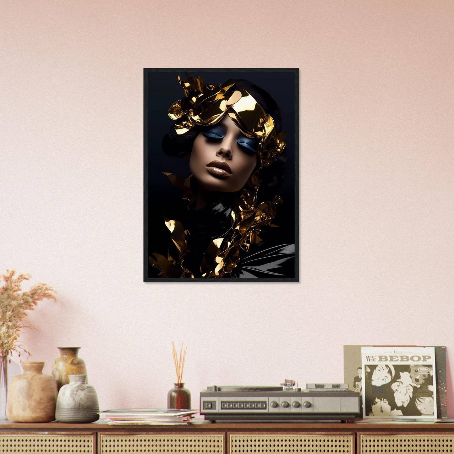 A woman with a gold crown on her head and a black background