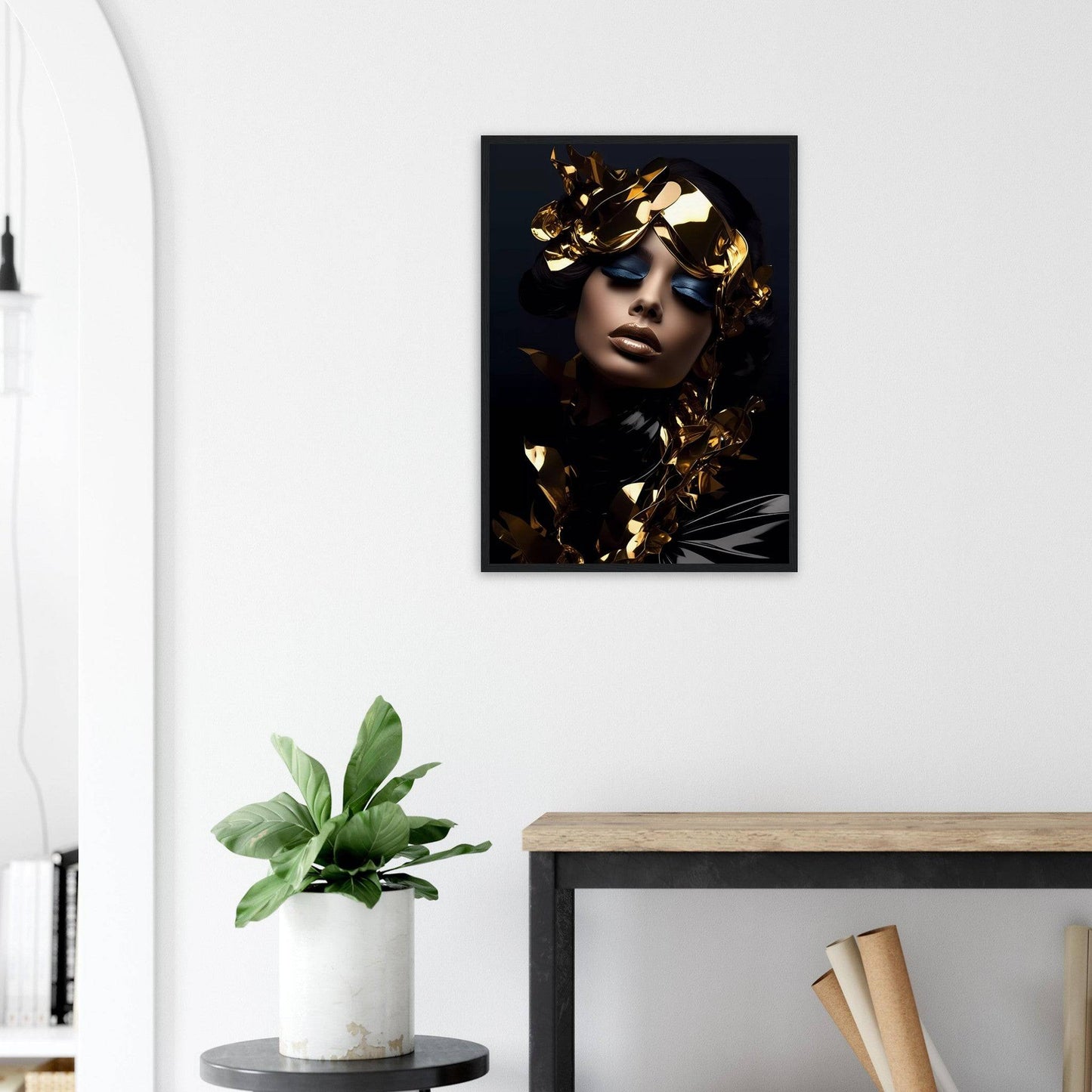 A woman with a gold crown on her head