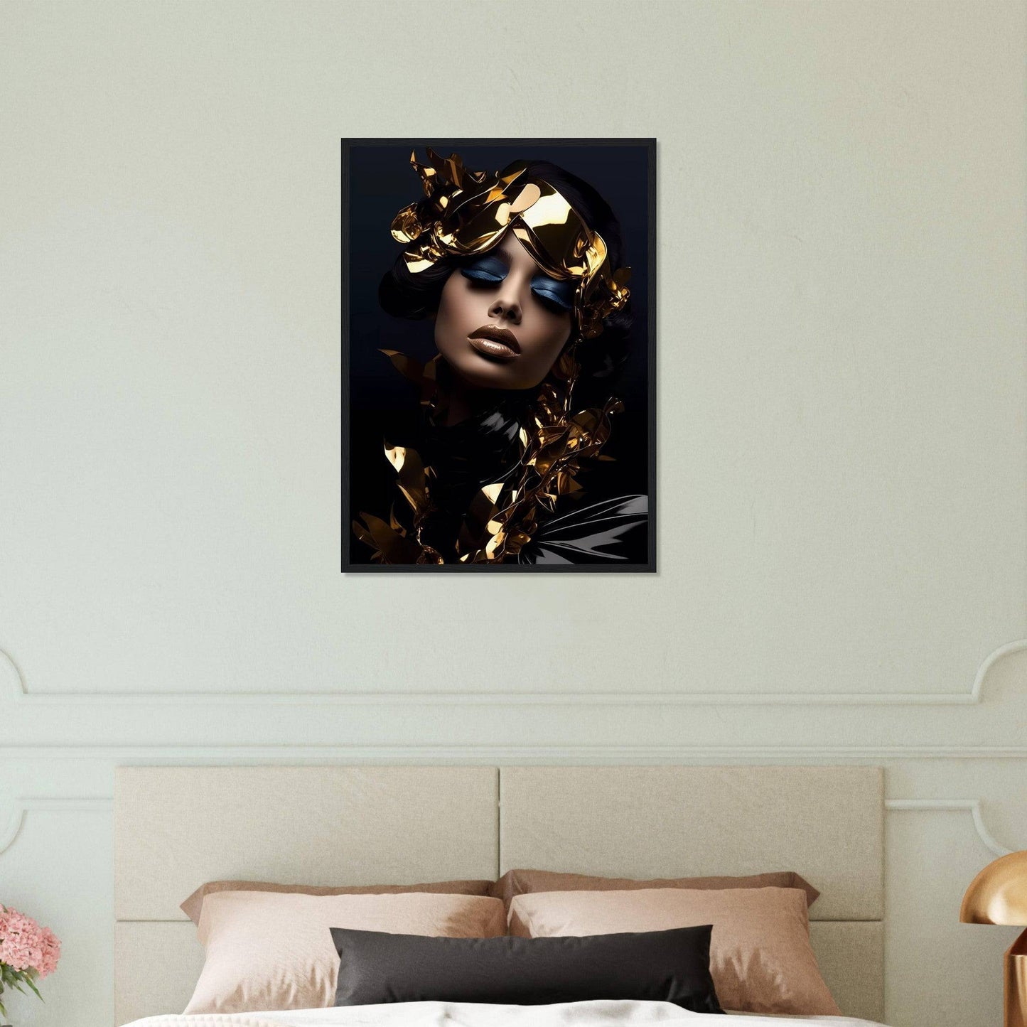 A woman with a gold crown on her head