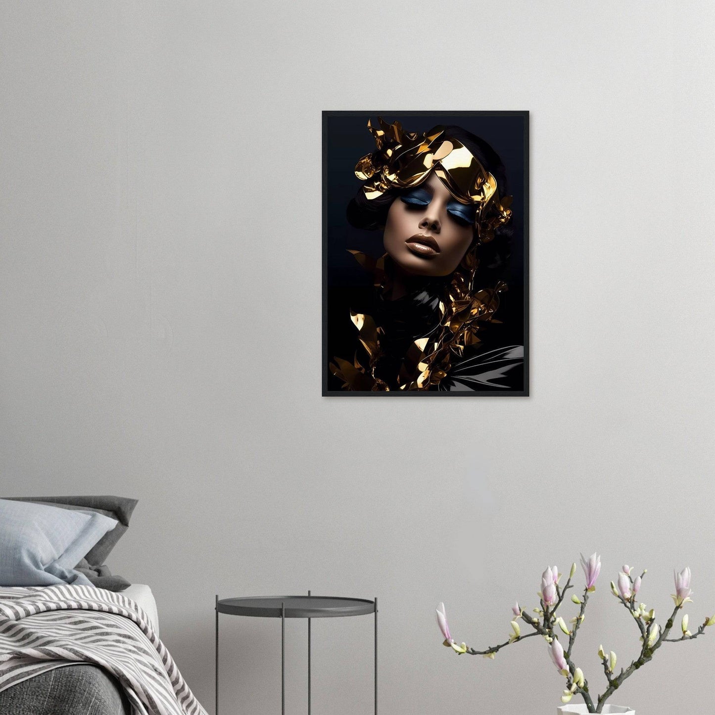 A woman with a gold crown on her head