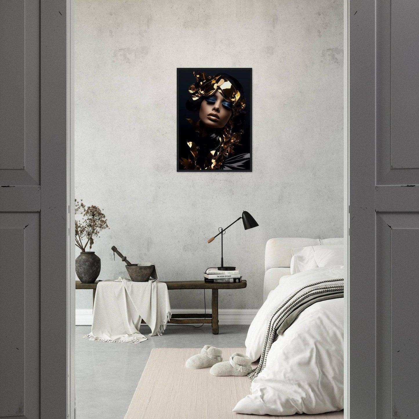 A woman with a gold crown on her head in a bedroom