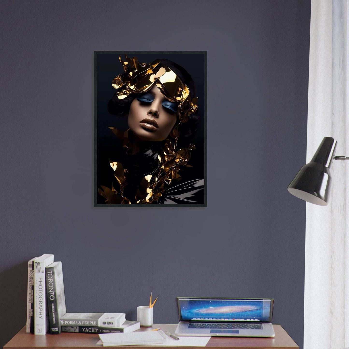 A woman with a gold leaf on her head and a black background