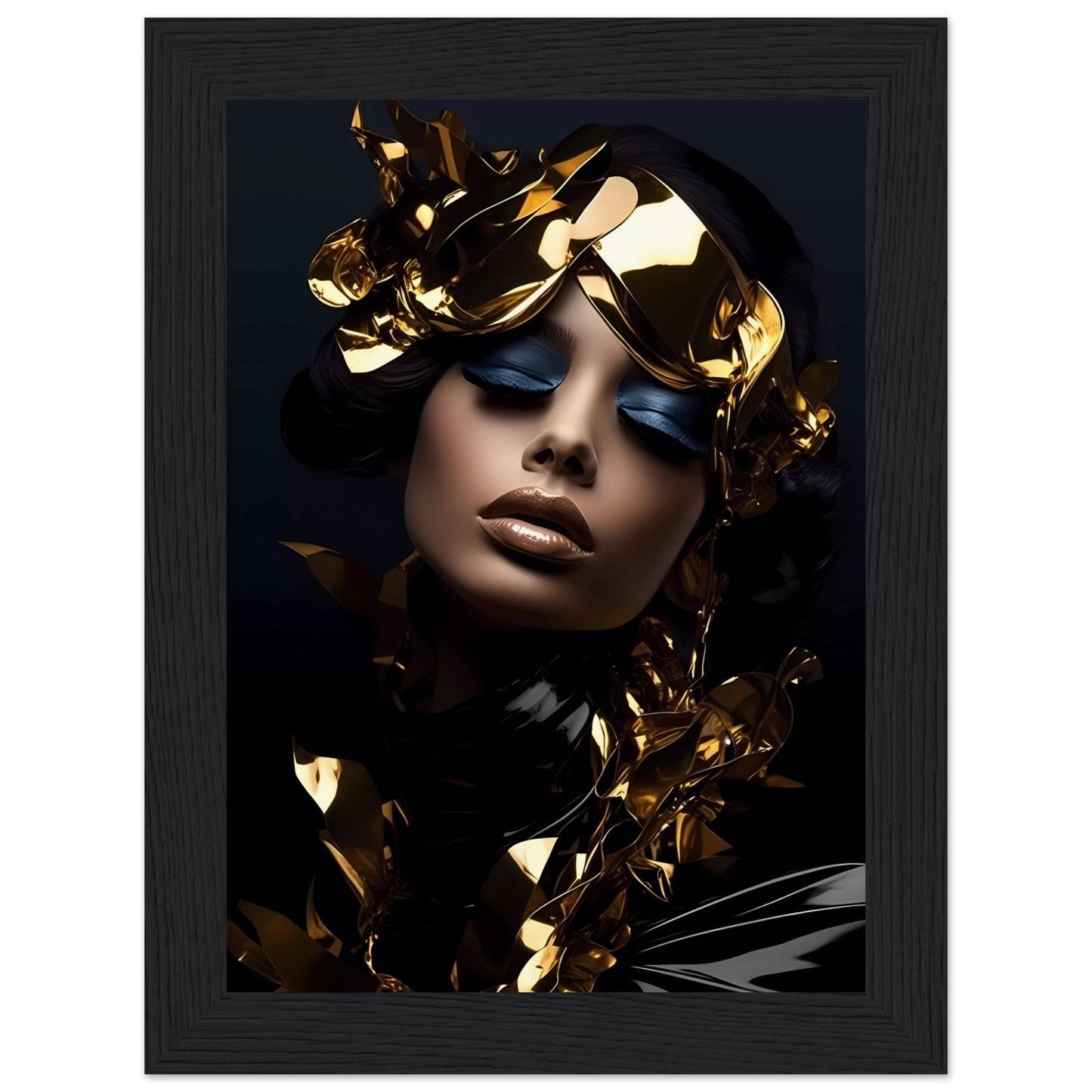 A woman with a gold mask and black hair