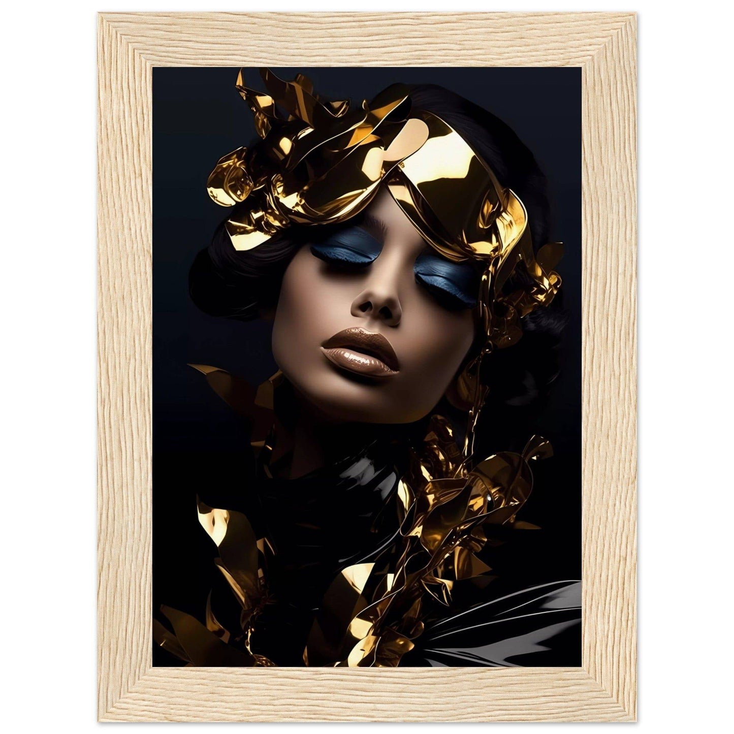 A woman with a gold mask and black hair