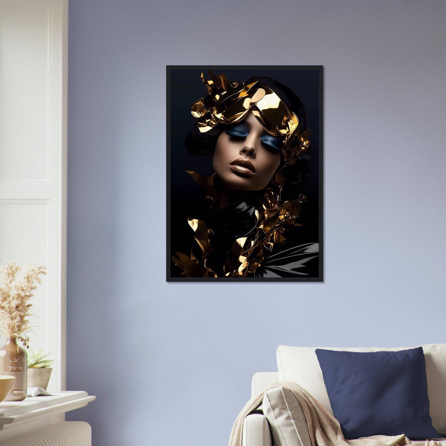 A woman with a gold mask on her face