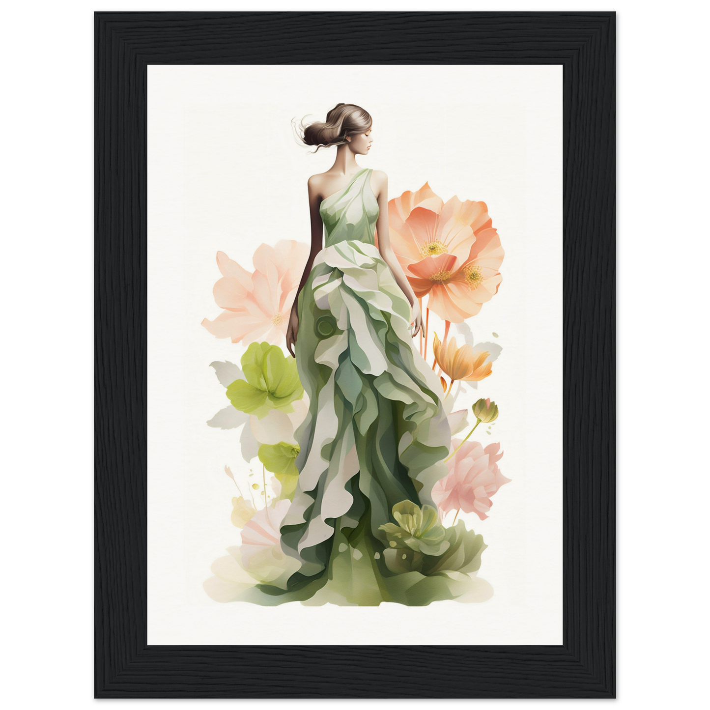 A woman in a green dress with flowers
