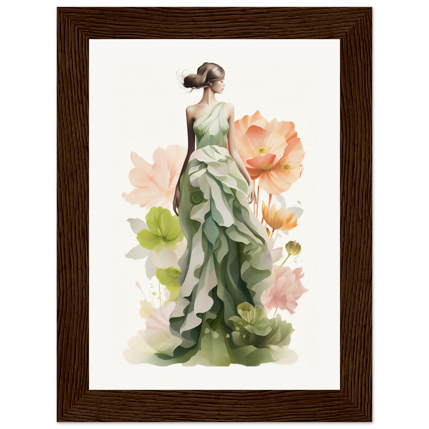 A woman in a green dress with flowers