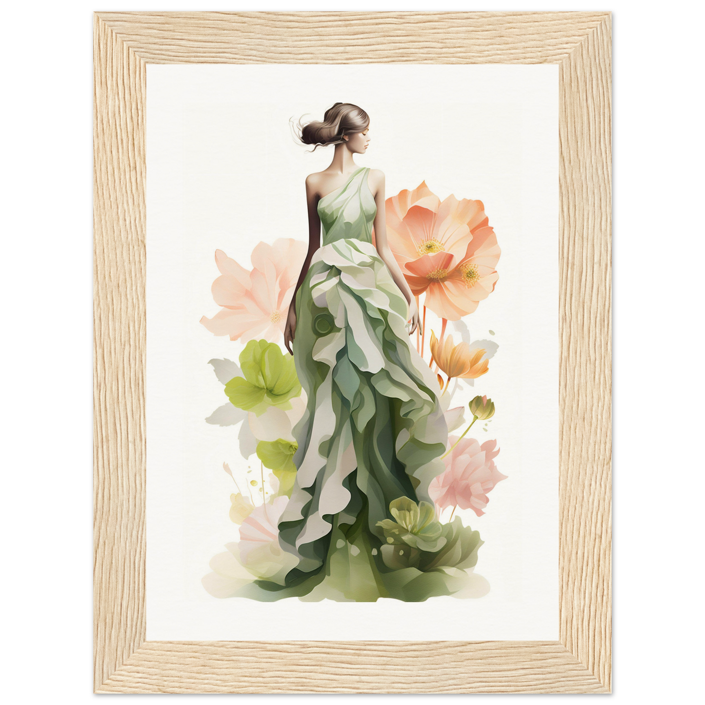A woman in a green dress with flowers