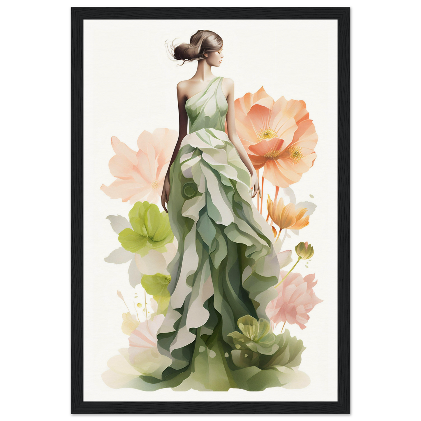 A woman in a green dress with flowers