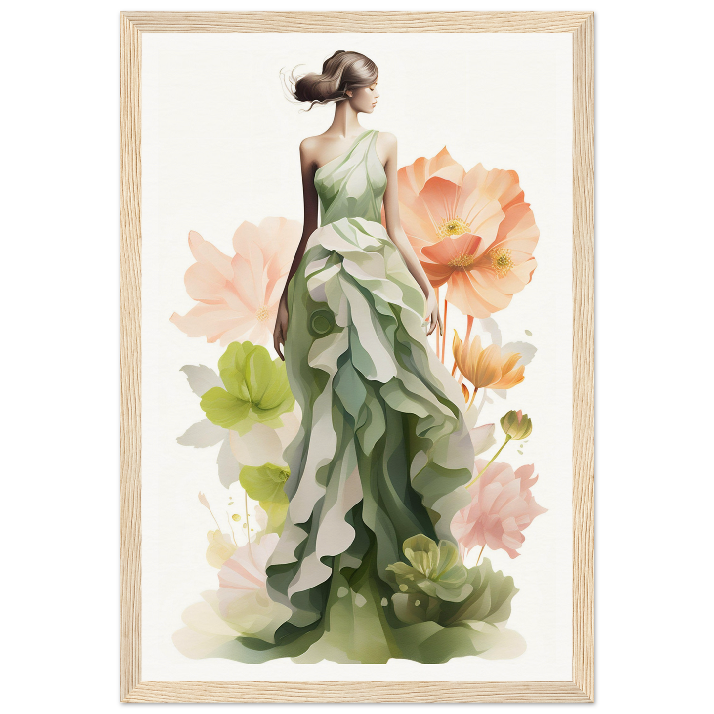 A woman in a green dress with flowers