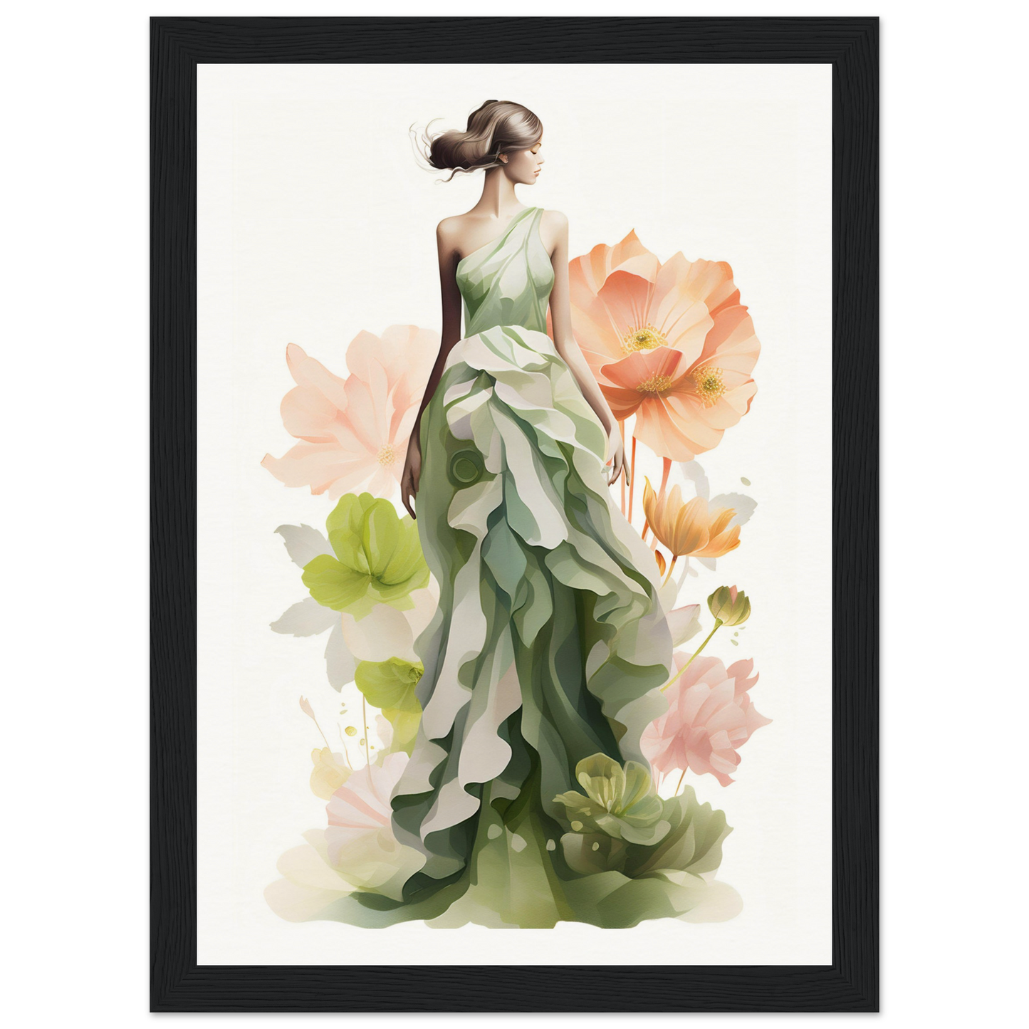 A woman in a green dress with flowers