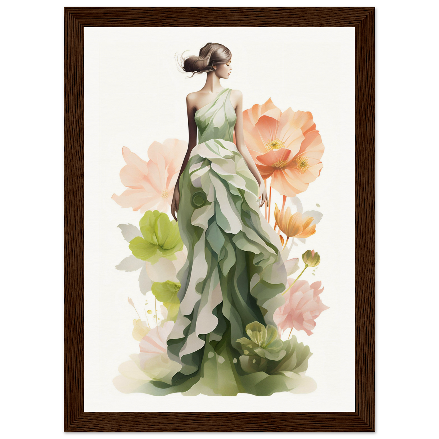 A woman in a green dress with flowers