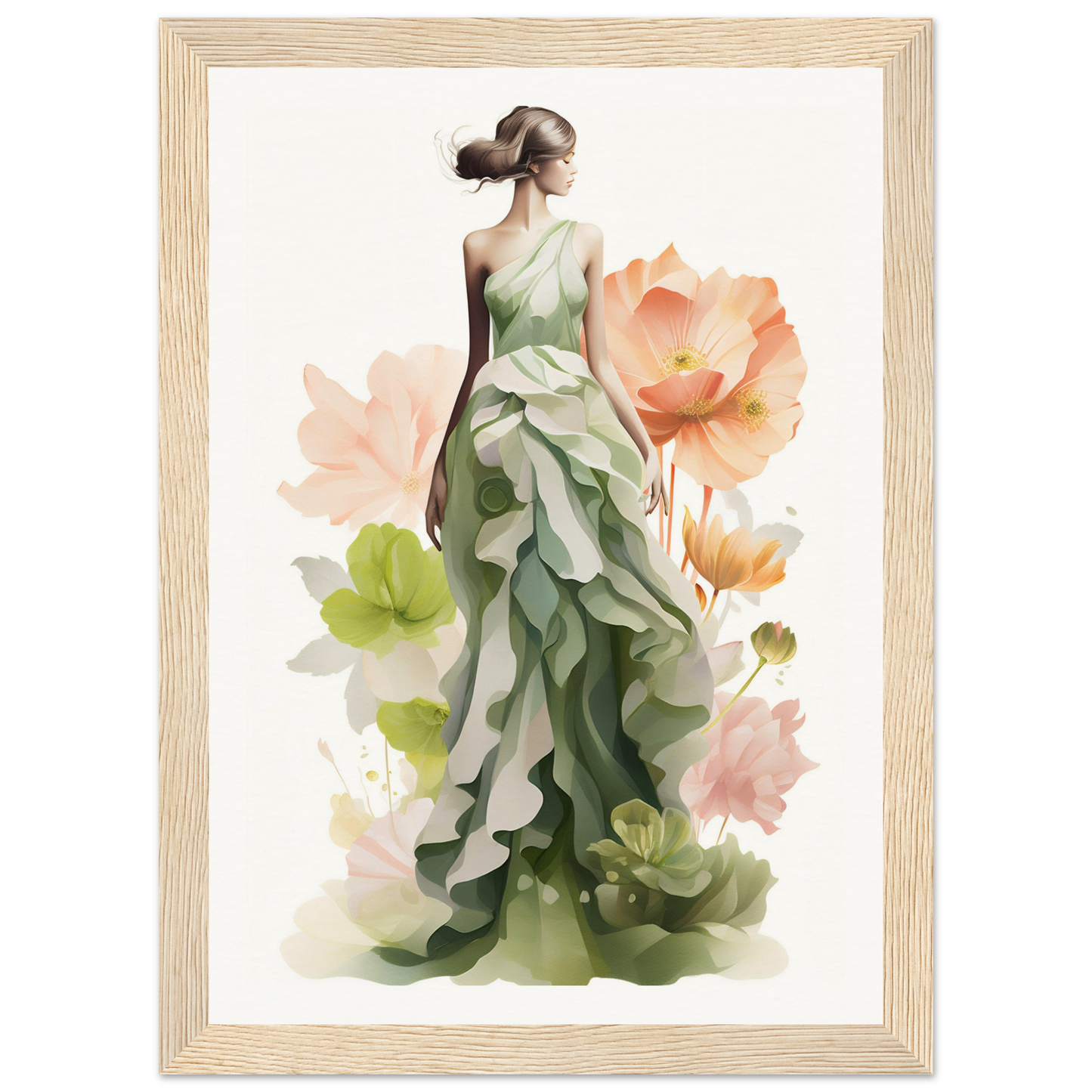 A woman in a green dress with flowers