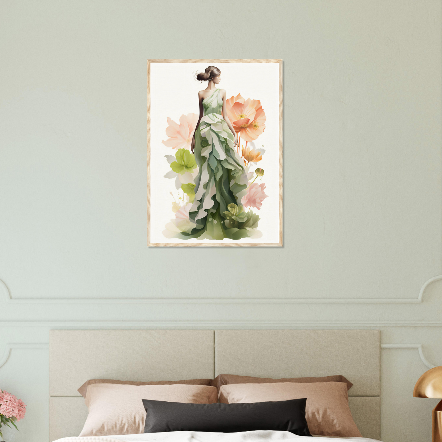 A woman in a green dress with flowers on her head and a pink flower in her hand