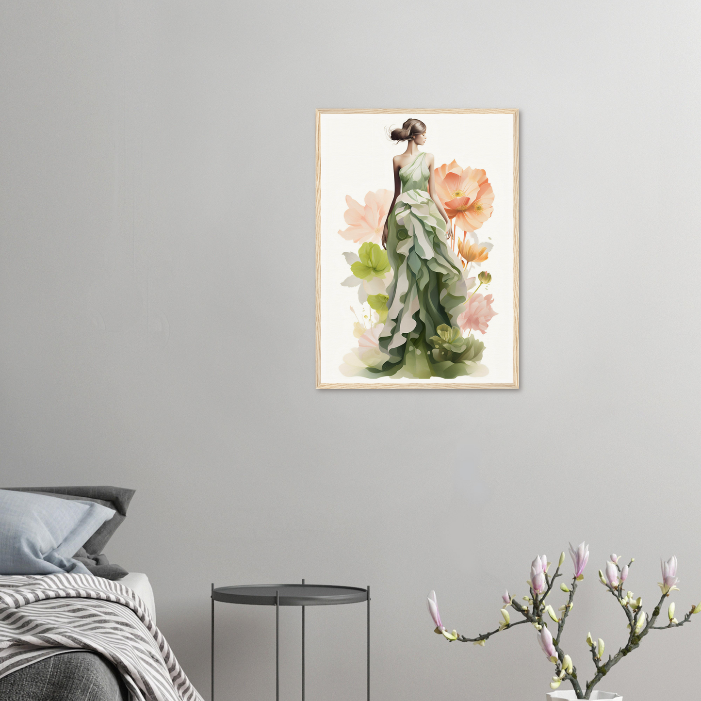 A woman in a green dress with flowers on her head and a bouquet in her hand
