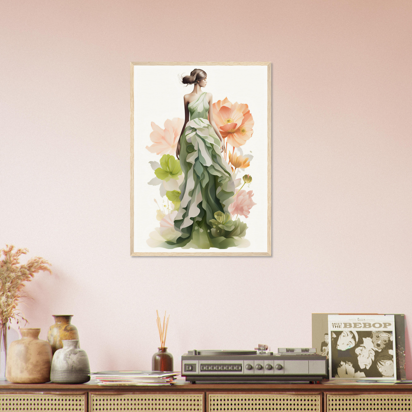 A woman in a green dress with flowers on her head and a pink wall behind her