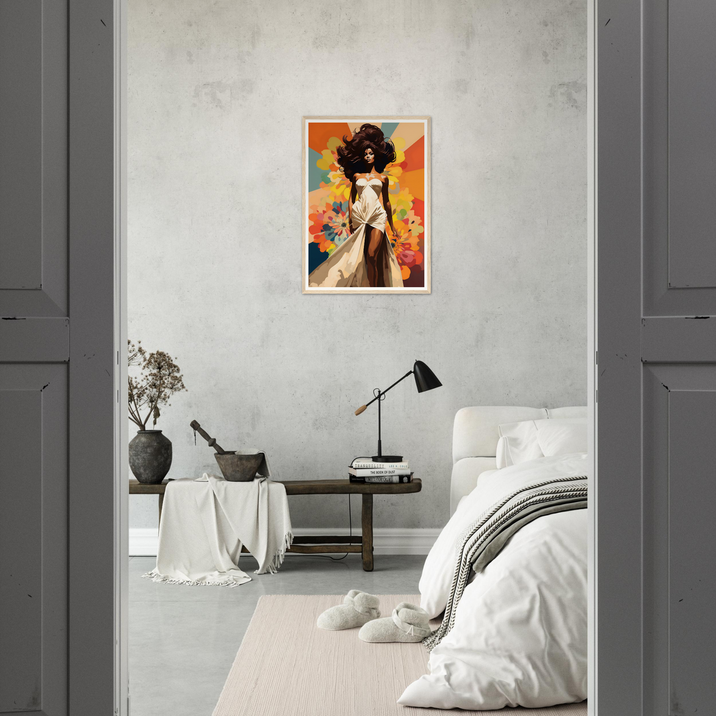 A woman with a hat and a flower in her hair, in a bedroom