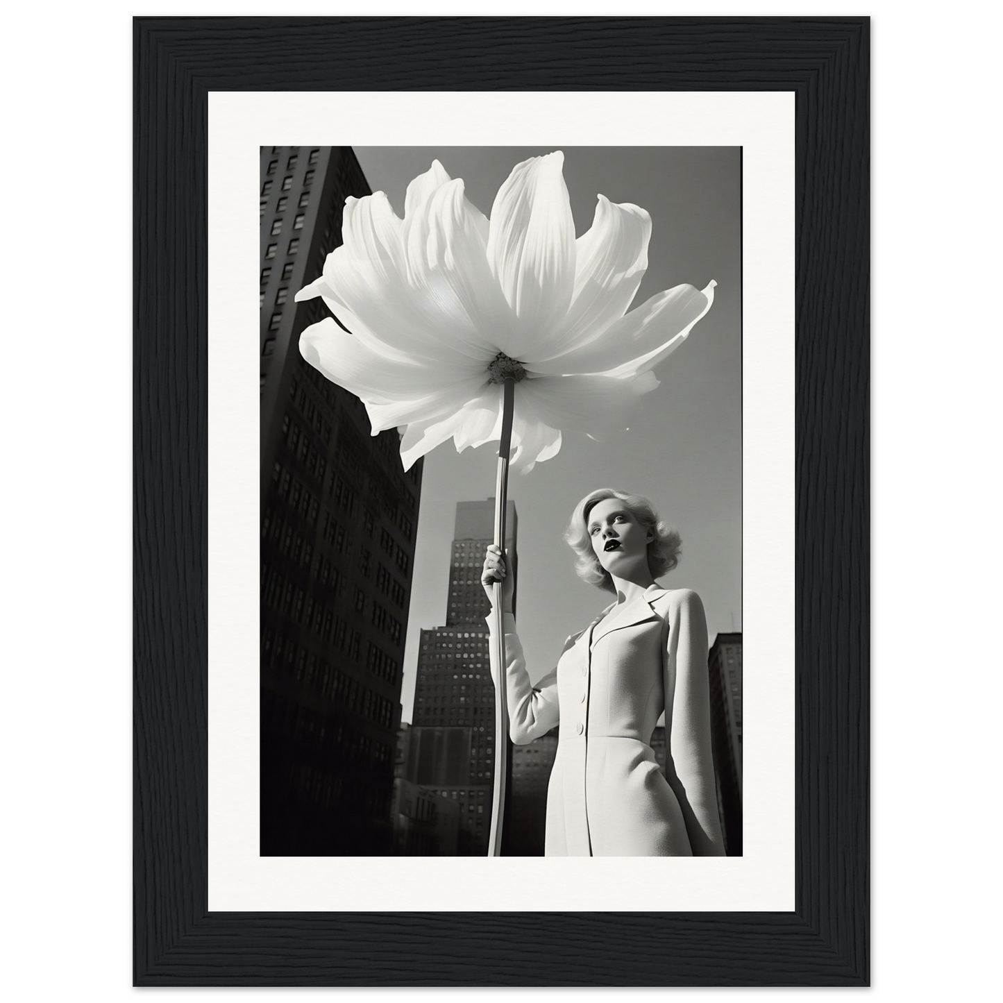 A woman holding a large white flower in front of a tall building